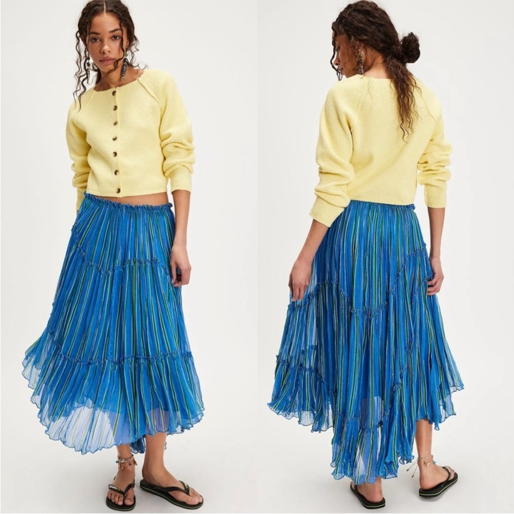 Free People Ember Tiered Stripe Midi Skirt in Blue Marina Sz XS, S $128 MSRP NWT